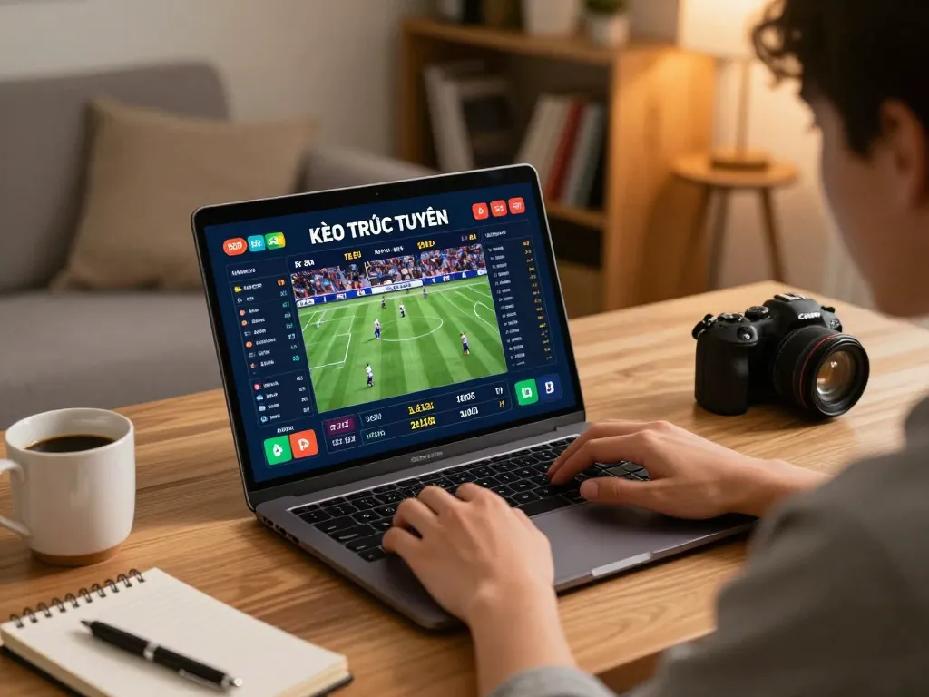 KÈO TRỰC TUYẾN sports betting setup showing engaging gameplay on a laptop.