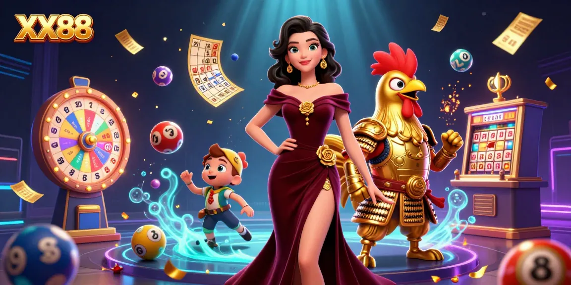 XX88 casino illustration featuring glamorous woman and rooster warrior amidst colorful gambling elements.