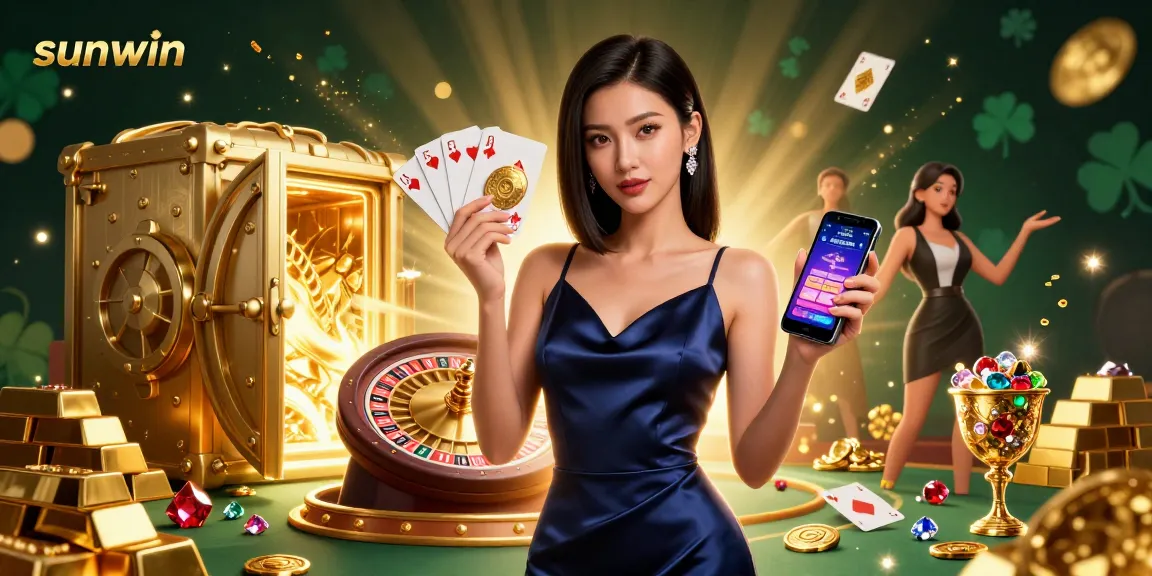 Engage with stunning sunwin casino excitement featuring a confident woman showcasing cards and chips.