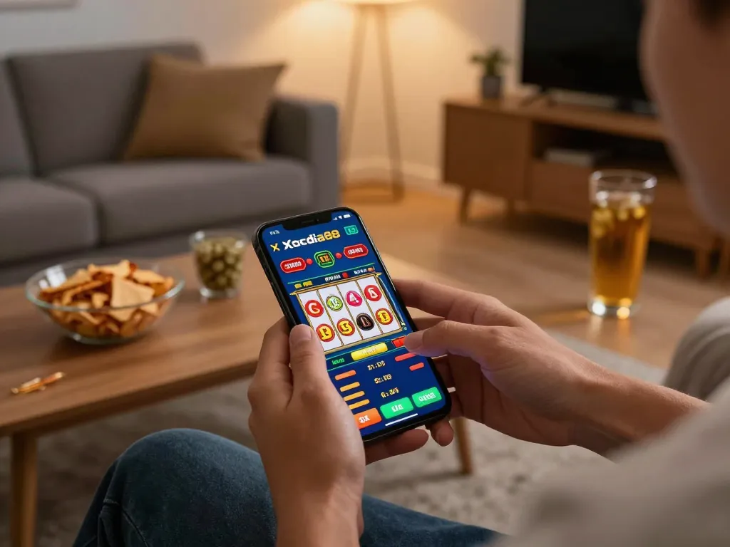 Xocdia88 app in action, showcasing thrilling slot gameplay in a cozy home setting.