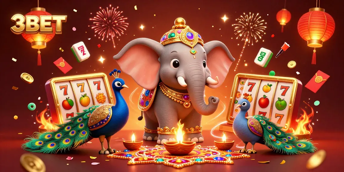 Experience the thrill of 3BET with a vibrant illustration showcasing slot symbols, festive elements, and a lively atmosphere.