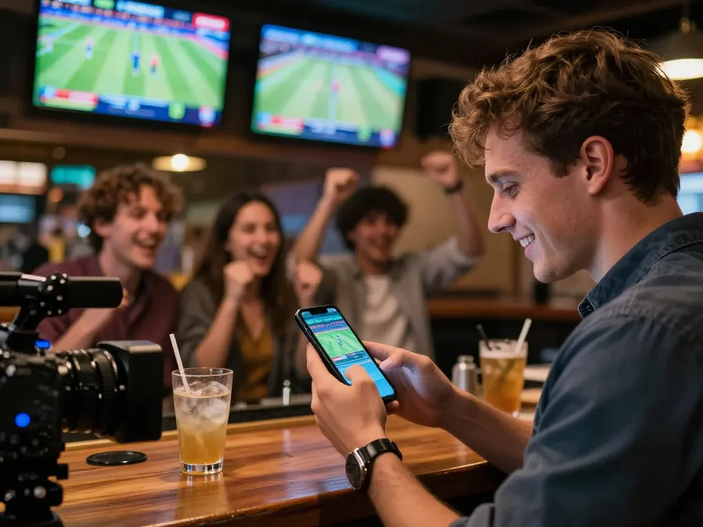 Taruhan olahraga langsung SPBO dengan smartphone di bar olahraga yang ramai, menampilkan skor waktu nyata dan keterlibatan.