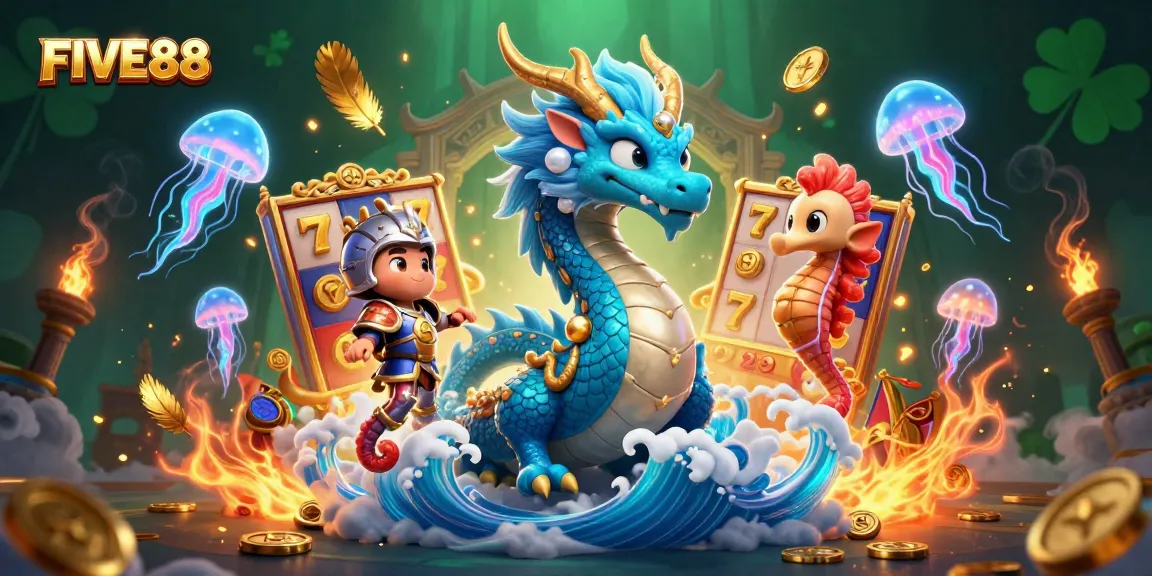 Experience exhilarating wins with FIVE88 in a vibrant, dynamic 3D casino environment featuring exciting slot game elements.