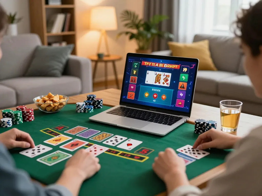 cm88 online blackjack gameplay from a cozy home setting with snacks and colorful cards.
