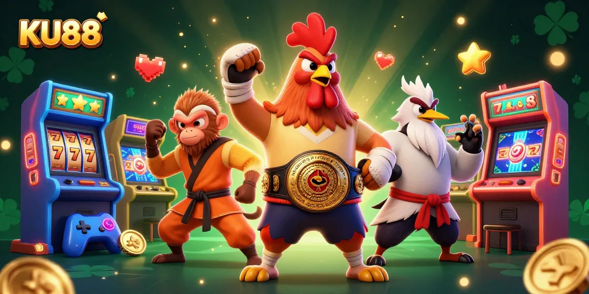 KU88 vibrant 3D casino illustration with Muay Thai rooster, Shaolin monkey, and wise crane master surrounded by arcade elements