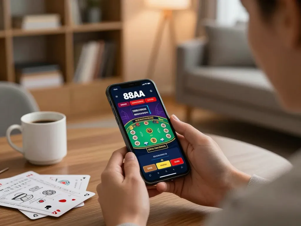 Player engaging with the 88aa casino app on a smartphone, showcasing an exciting live dealer game
