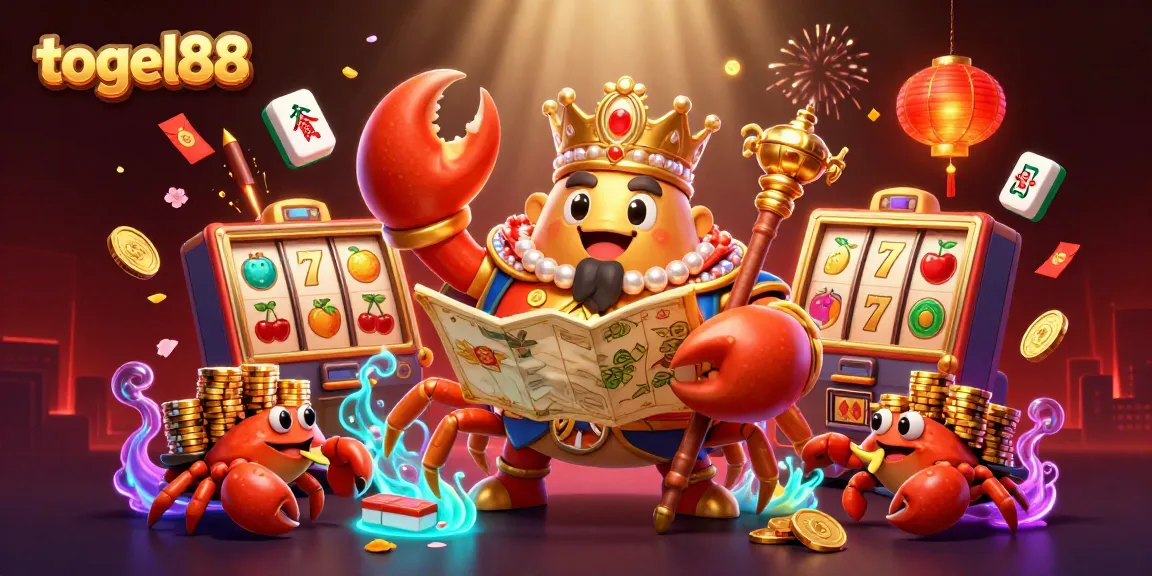Engage with togel88's vibrant slot adventure featuring a golden crab emperor amidst winning symbols and rich rewards.