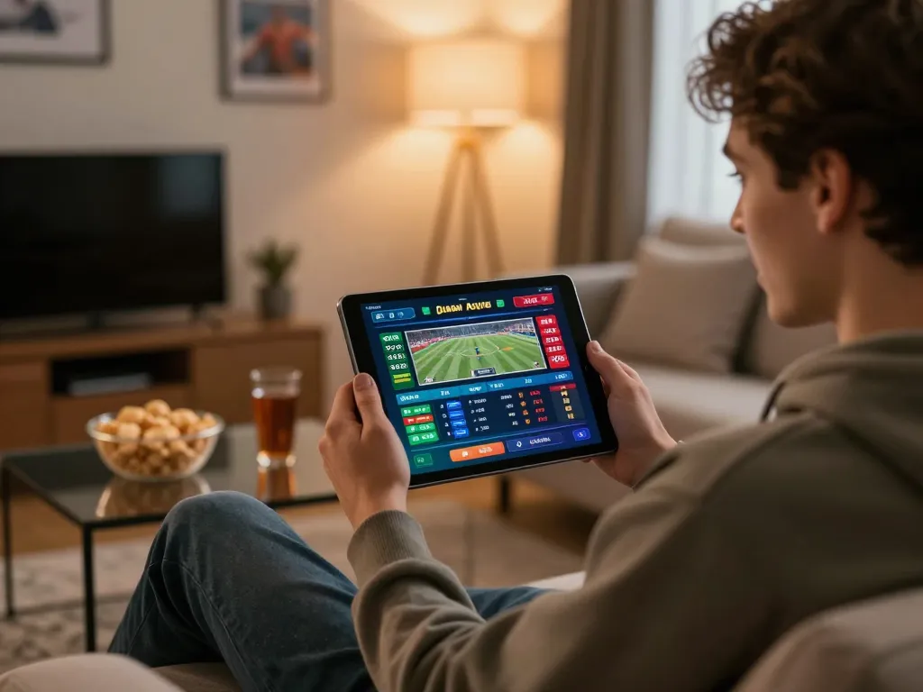 lovingaze user engaging in online sports betting with vibrant odds on tablet in a cozy setting