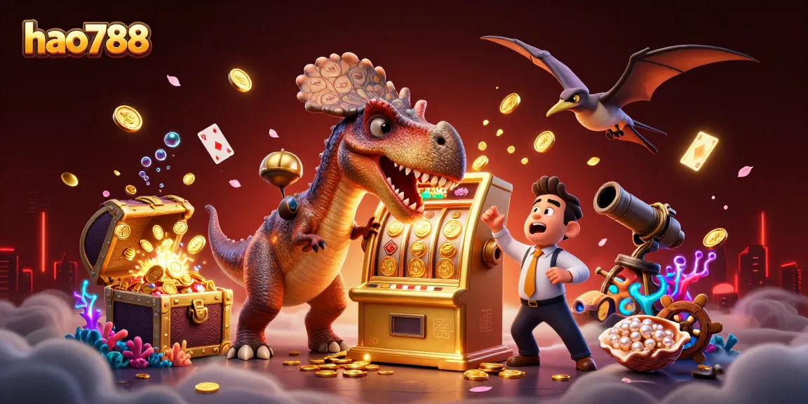 HAO788 menghadirkan momen mendebarkan dengan karakter dino yang bermain di mesin slot berkilau.