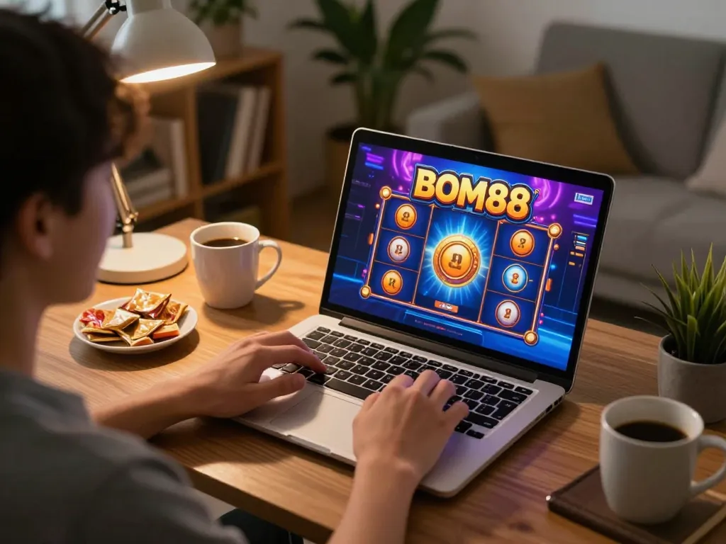 Bermain slot BOM88 secara online dalam pengaturan permainan yang nyaman dengan suasana hangat dan camilan.
