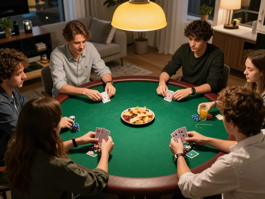 Friends engaged in an exciting home poker night using 789P strategy to maximize their winning chances.