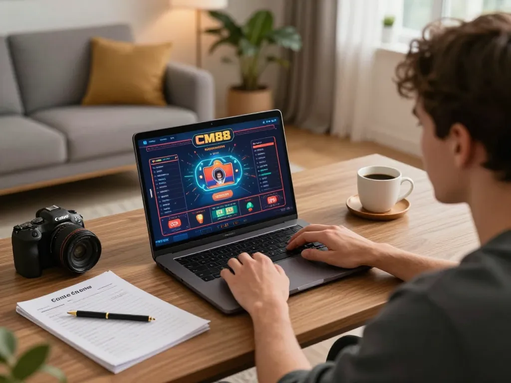 Player enjoying online gambling on CM88 platform at home with laptop and strategy notes.