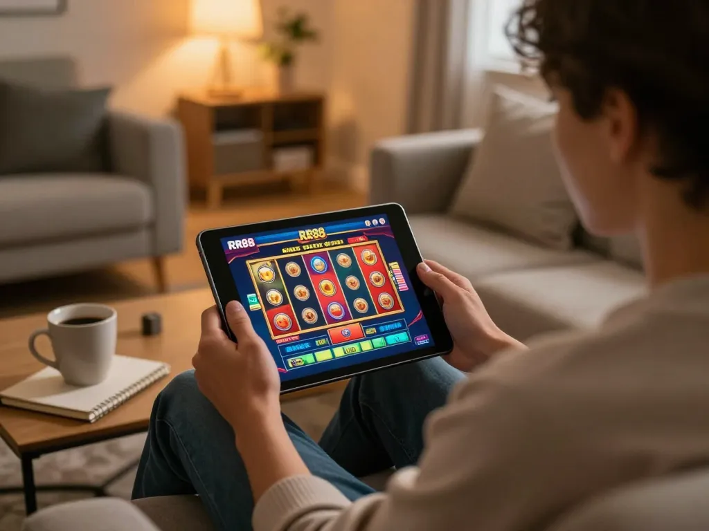 Player using RR88 app on tablet for online slots in cozy home setting, showcasing responsible gaming.
