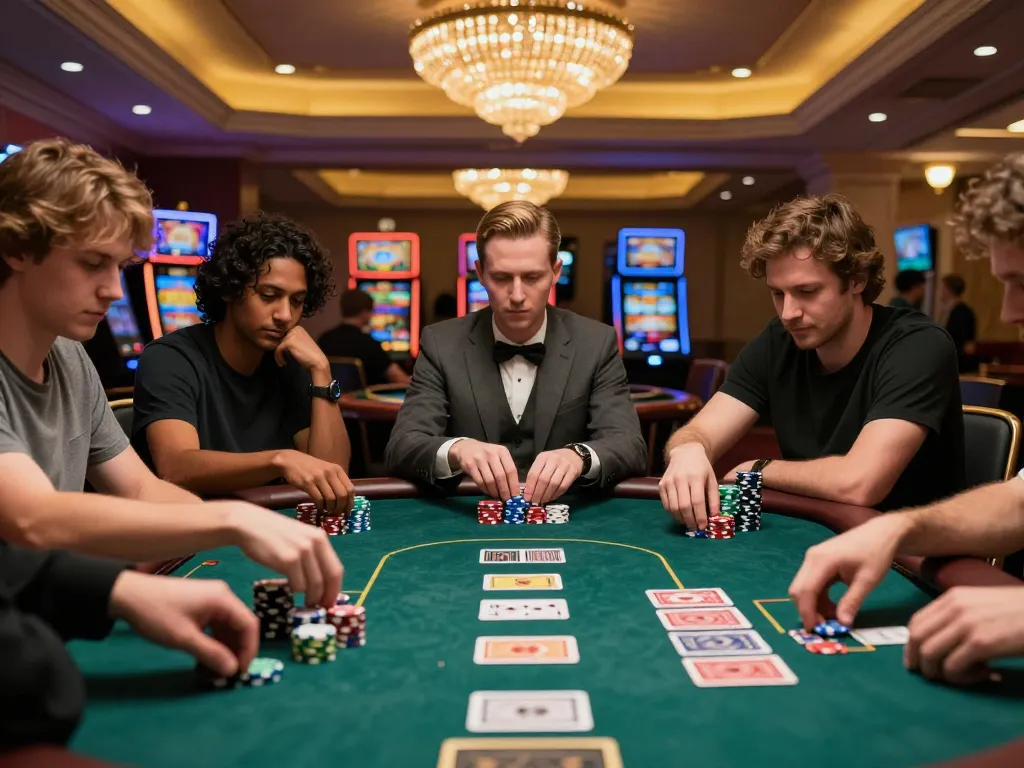 Players strategizing during a poker game at Divinity Spa Center's casino, showcasing high-stakes tension and rich ambiance.