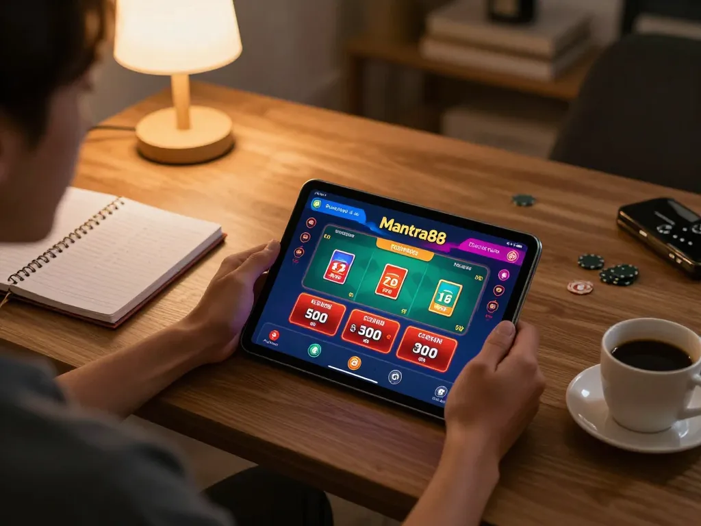 Engaging with mantra88 casino app in a cozy home gaming setup, highlighting responsible gambling.