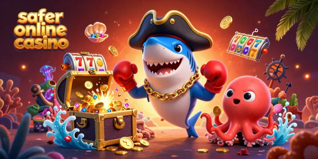Experience excitement at a safer online casino with vibrant characters and thrilling gaming elements.