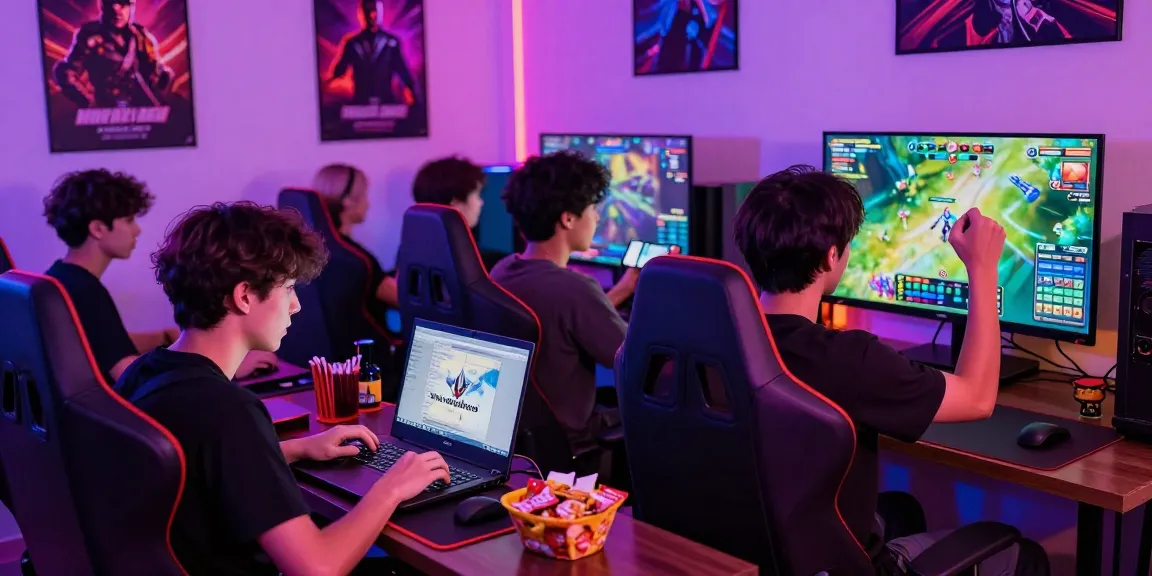 Engaged players enjoying games on situs pajaktoto in a vibrant gaming lounge with neon lighting.