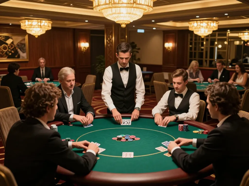 Players engaging in high-stakes game bài in a luxurious VIP poker room, showcasing strategy and sophistication.