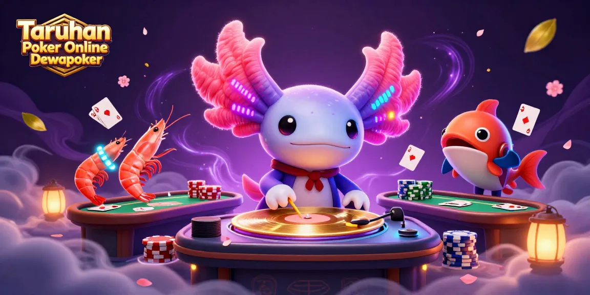 Engage in thrilling Taruhan Poker Online Dewapoker with dynamic 3D illustration of vibrant characters and poker elements.