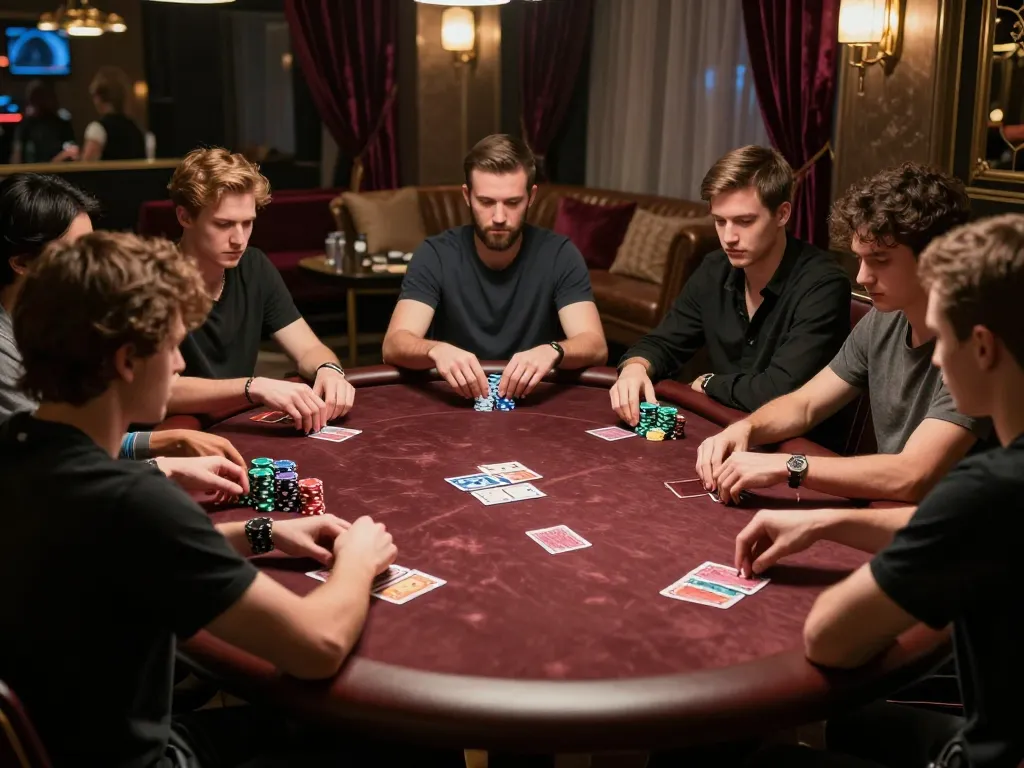 Pemain Gsc108 terlibat dalam permainan poker dengan taruhan tinggi dengan chip berwarna-warni dan fokus yang intens.