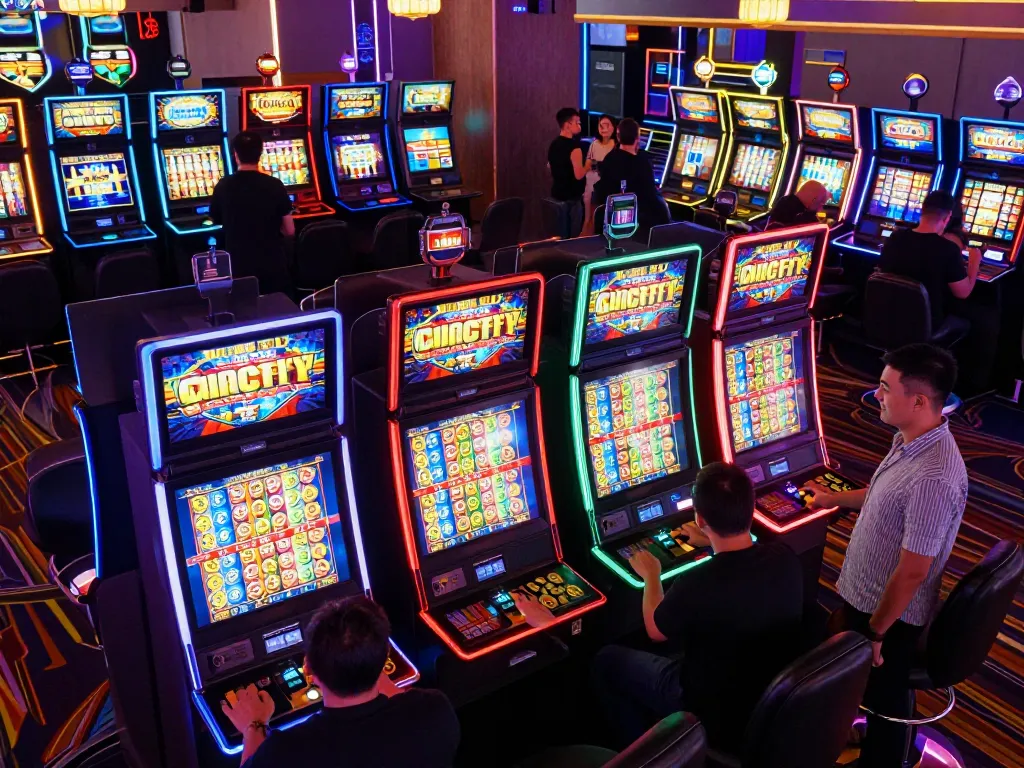 Engaging players at colorful nổ hũ slots in a vibrant casino atmosphere