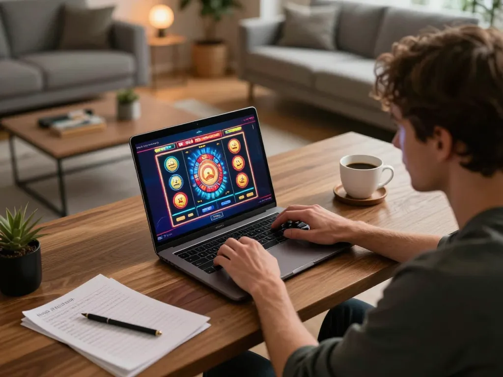 Engaging gameplay at the bedste casino uden rofus in a cozy home setup with a laptop and coffee.