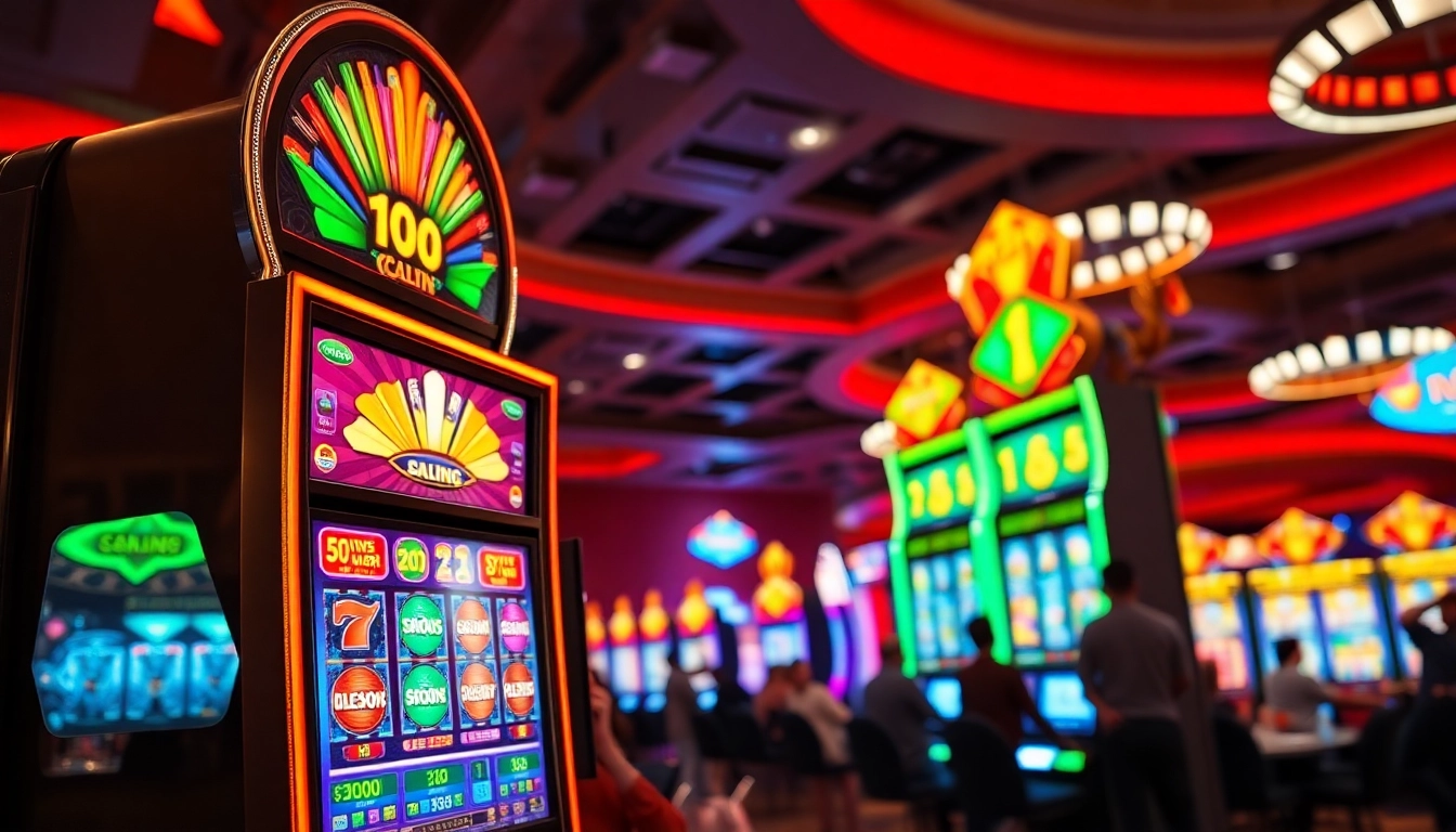 Garasislot menunjukkan mesin slot yang menarik dalam kasino berwarna-warni.