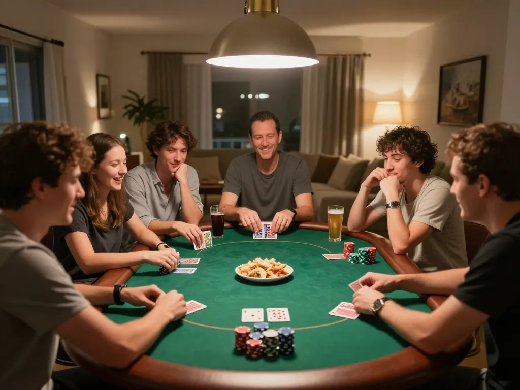 Friends enjoying a lively poker game at home, highlighting the competitive and social aspects of gambling with 11-hd.