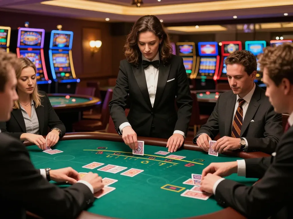 Players at a blackjack table experience strategic gameplay, featuring SC88 action in a lavish casino.