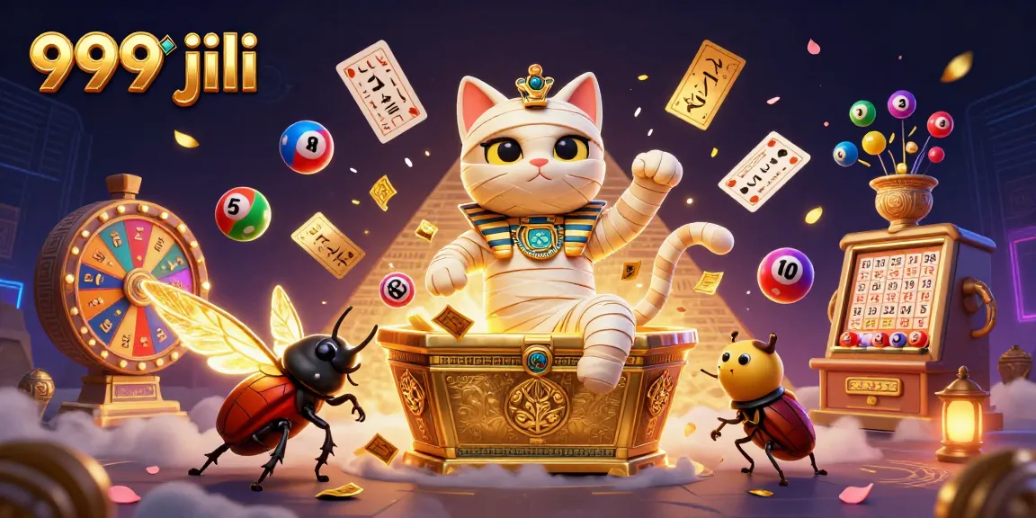 Experience excitement with 999 jili featuring a mummy cat, glowing scarab, and vibrant gaming elements.