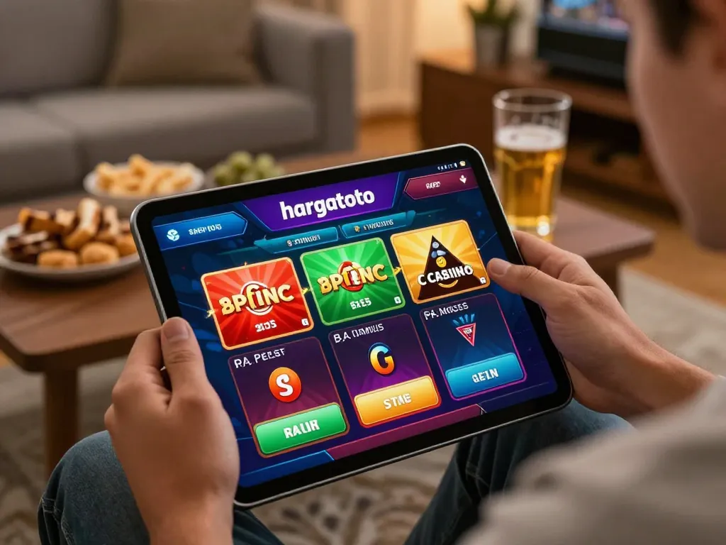 Pemain berinteraksi dengan platform online hargatoto, menampilkan permainan yang penuh warna di tablet dalam pengaturan rumah yang nyaman.