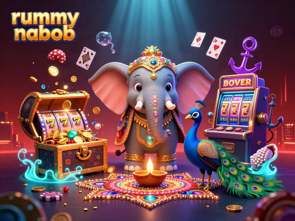 Rummy Nabob memberikan suasana perjudian yang ceria dengan simbol slot emas, kartu bermain, dan lampu berkilau.