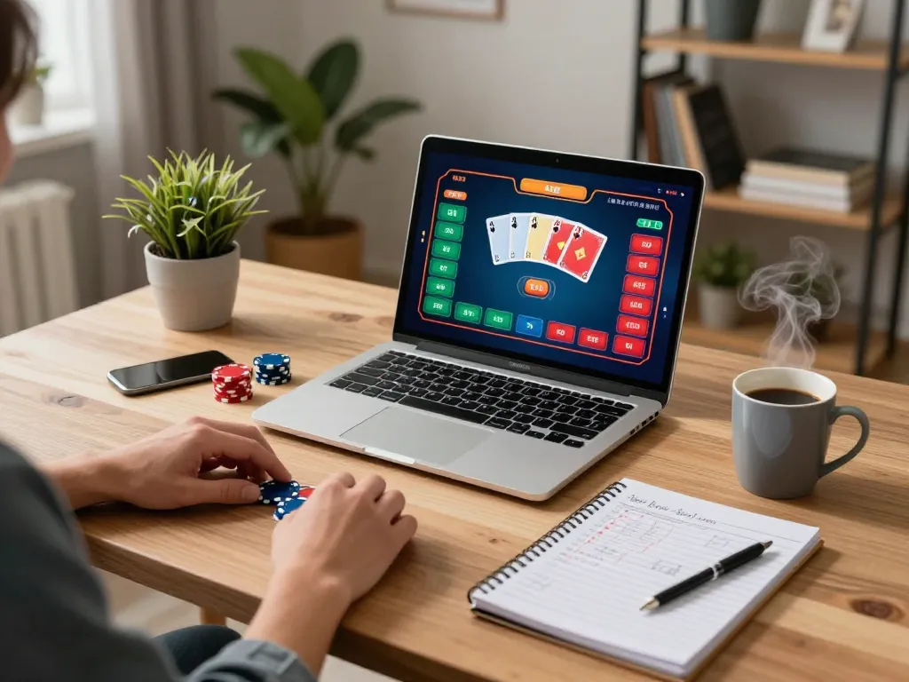 33winf player enjoying a strategic poker session on a laptop, surrounded by notes and a cozy home atmosphere.