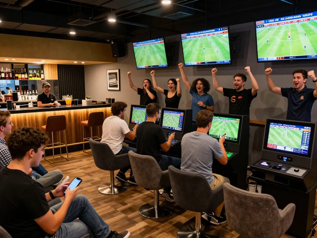 Excited bettors engaged in เว็บแทงบอล at a modern sports betting lounge with live match displays.