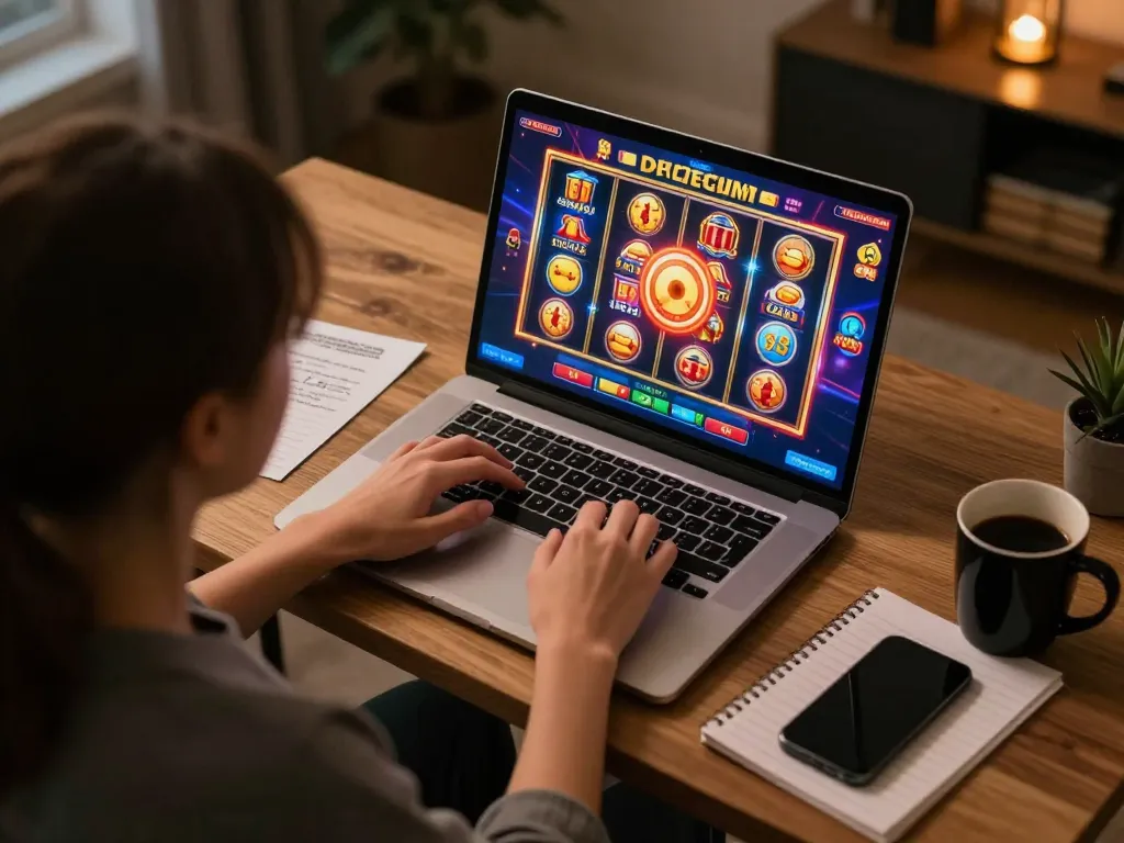 Player engaged in online slots at Nk88 trang chủ, showcasing vibrant slot interface and responsible gaming setup.