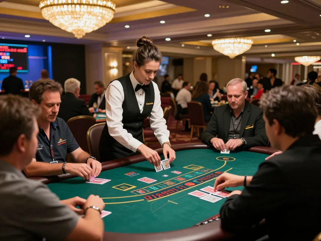 Players engaged in a thrilling LLWIN blackjack game, showcasing strategic betting in a vibrant casino atmosphere