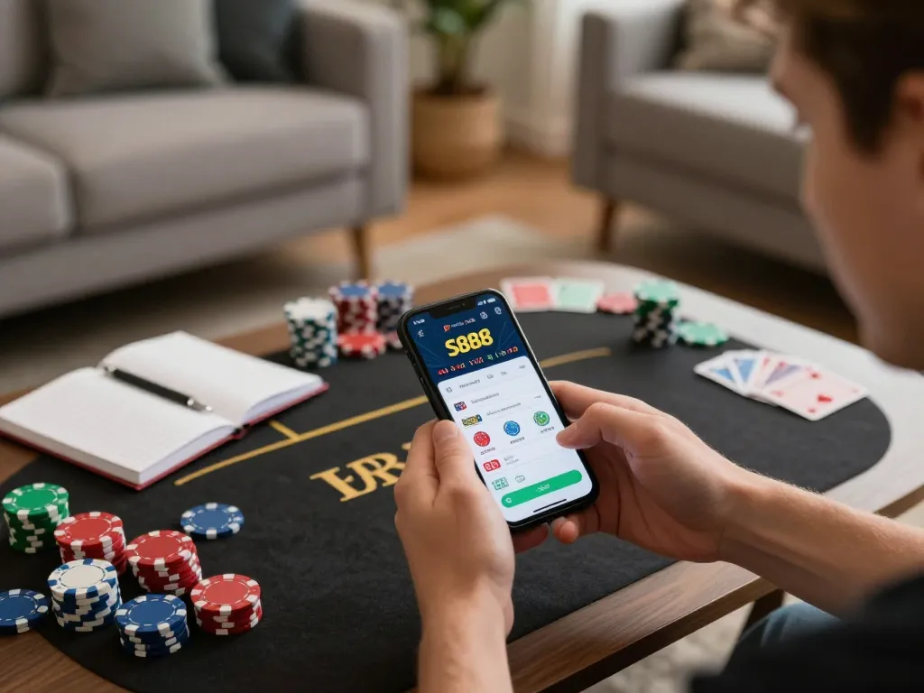 S888 user placing bets on a smartphone in a cozy home environment, integrating strategy and entertainment.