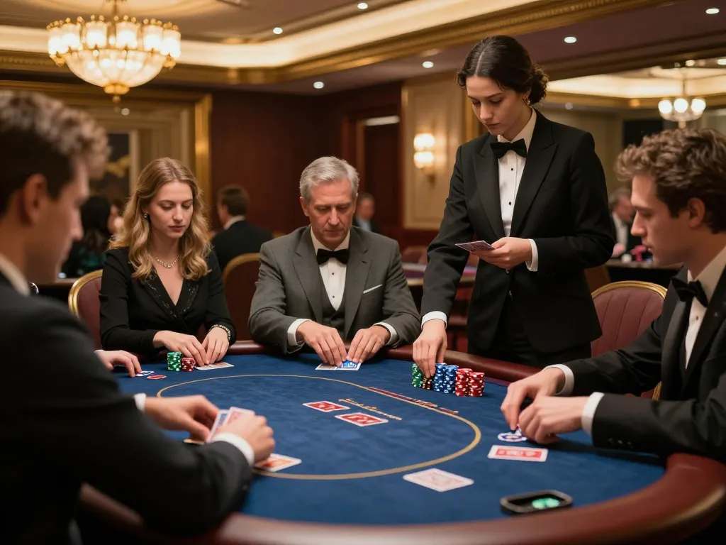 The HIT CLUB poker room with professional players strategizing their bets in an upscale casino atmosphere