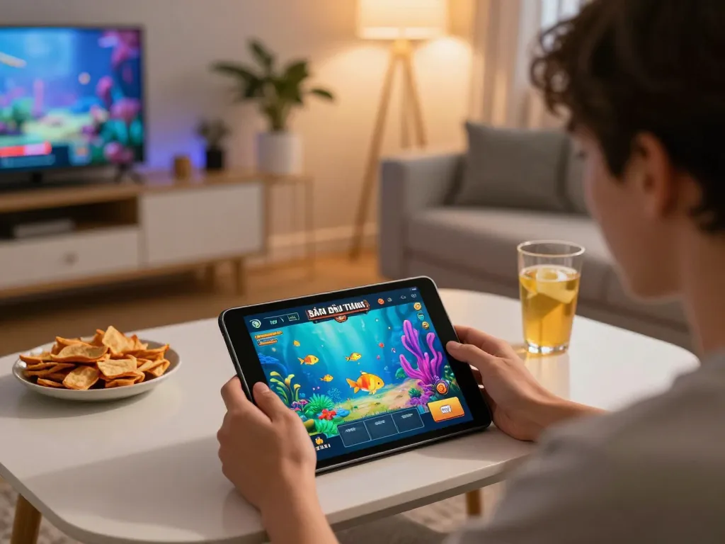 Engaging in vvvwin online fishing rewards game on a tablet in a cozy home setting