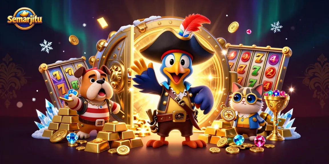 Semarjitu menghadirkan gambar karakter kasino 3D dengan slot dan jackpot yang penuh warna.