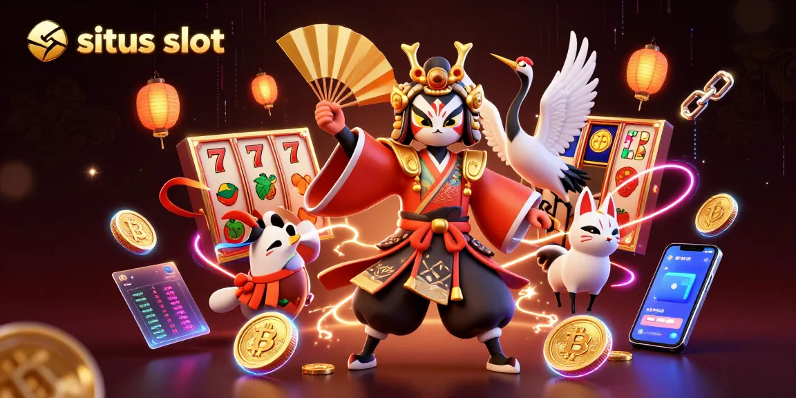 Play situs slot with a dynamic casino scene featuring kabuki characters and crypto elements.