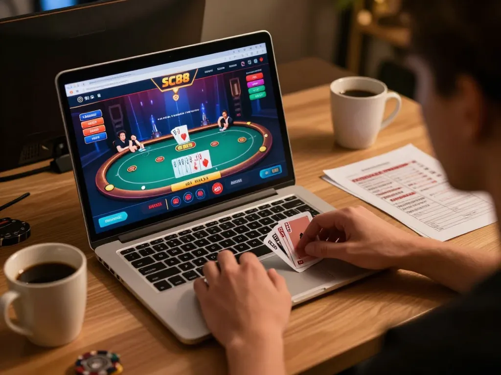 Engaging in SC88 online poker gameplay with strategic betting notes on the table.