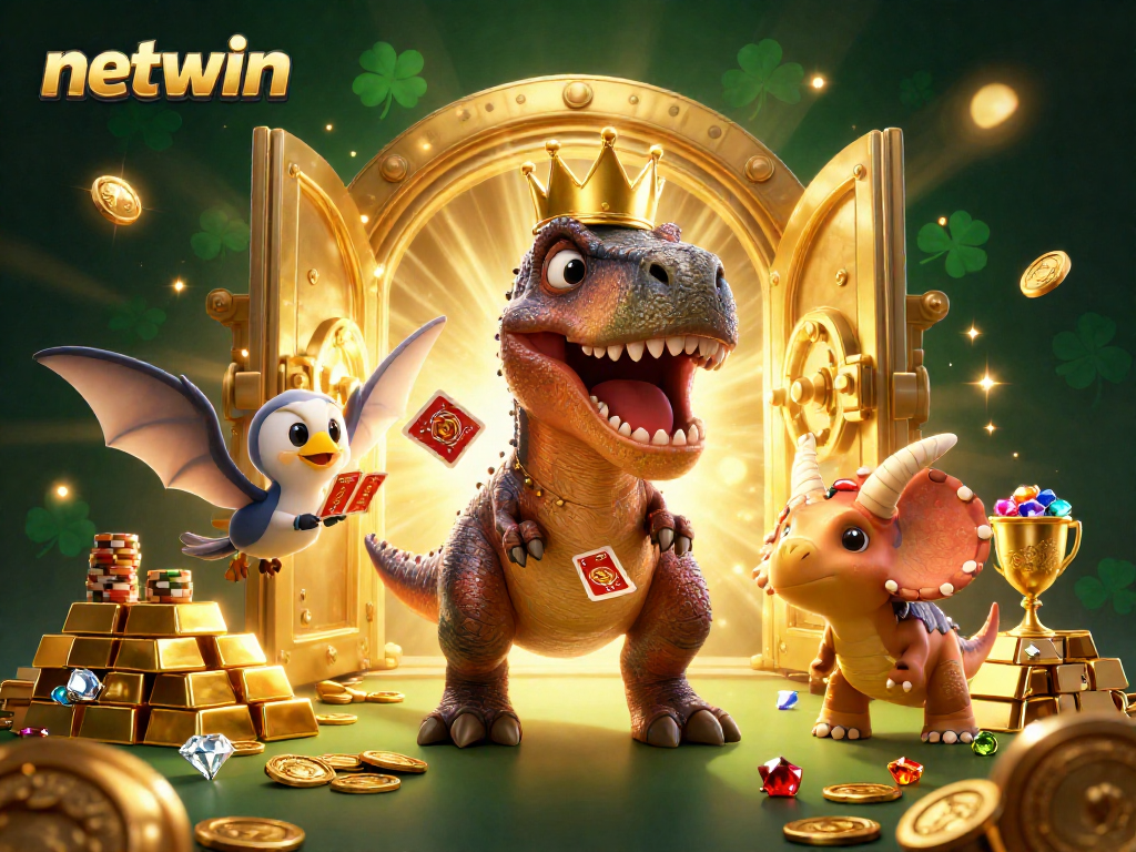 Engage with netwin's dynamic scene featuring a T-Rex and friends enjoying vibrant casino elements.