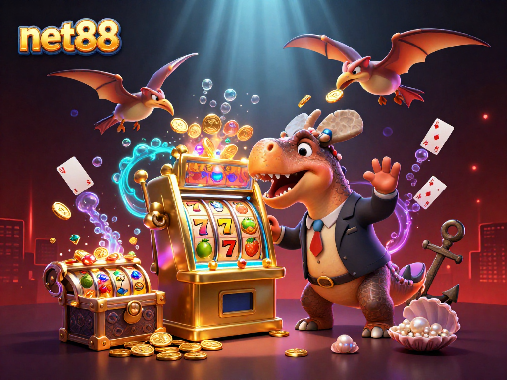 net88 showcases a dynamic casino scene with a pachycephalosaurus and jackpot coins flying.