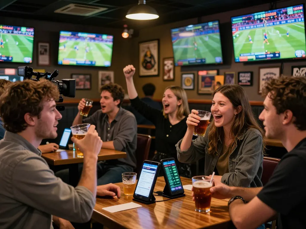 Excited patrons placing bets at 8xbet during live sports events in a vibrant sports bar setting.