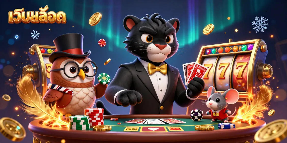 Engaging เว็บสล็อต scene with a panther, owl, and mouse playing casino games amid dynamic elements.