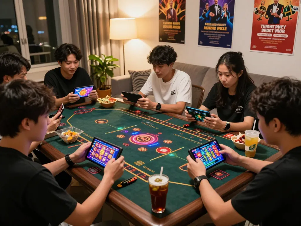 Exciting online gaming experience on sc88e.com with players enjoying vibrant live casino games using mobile devices in a cozy atmosphere.