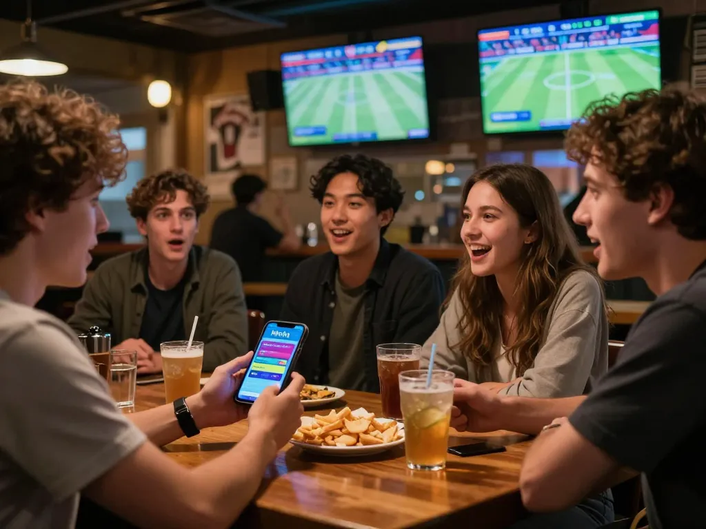 Enthusiastic group using the hitclub app for live sports betting, showcasing the thrill of gambling.