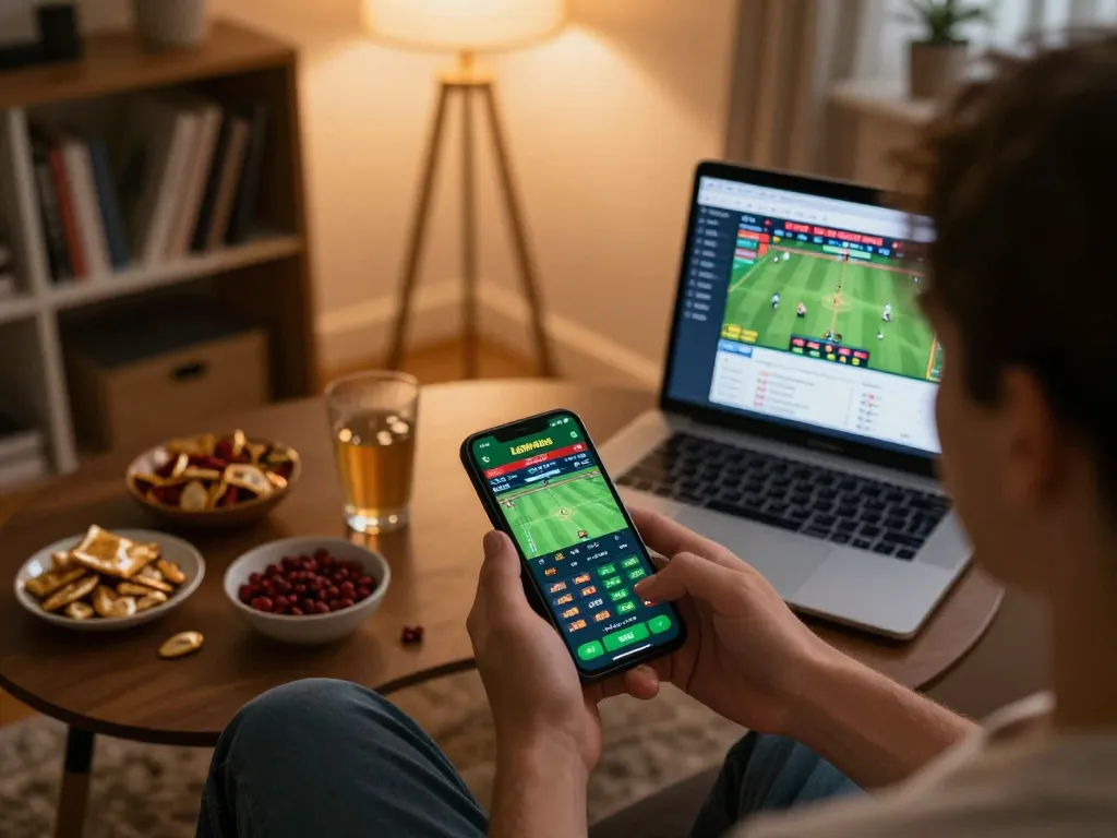 uu88 user actively placing bets on a smartphone, surrounded by snacks in a cozy home setting