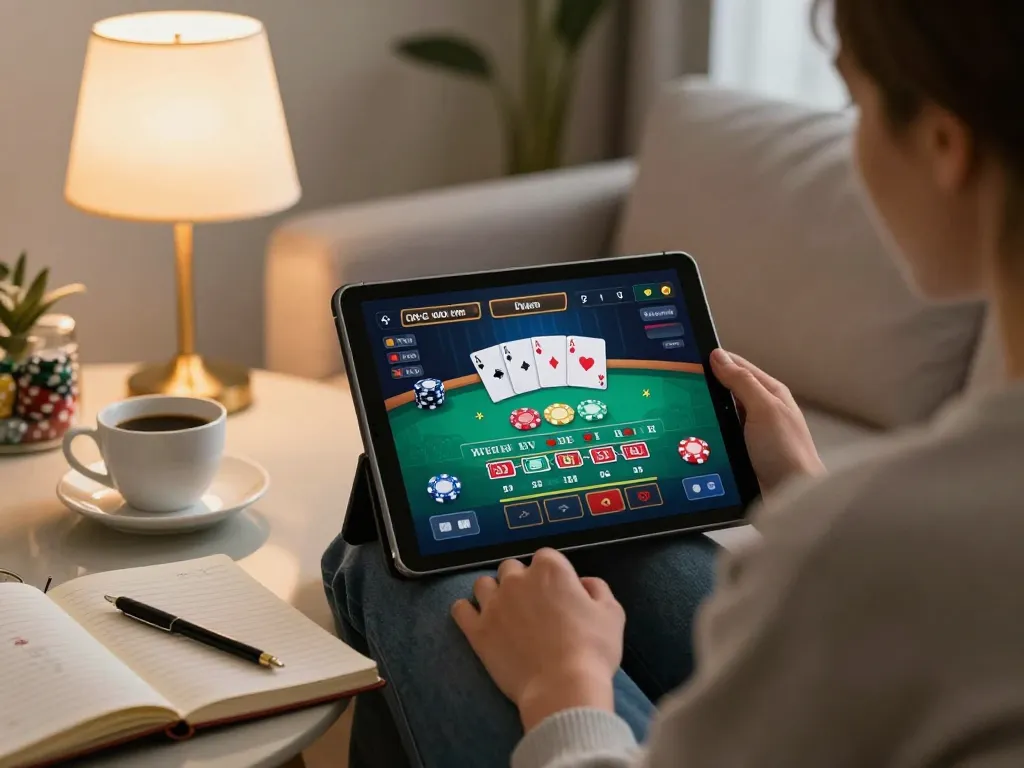 Engaging in a live dealer blackjack game on luck8 from a cozy home setting, showcasing online casino experience.